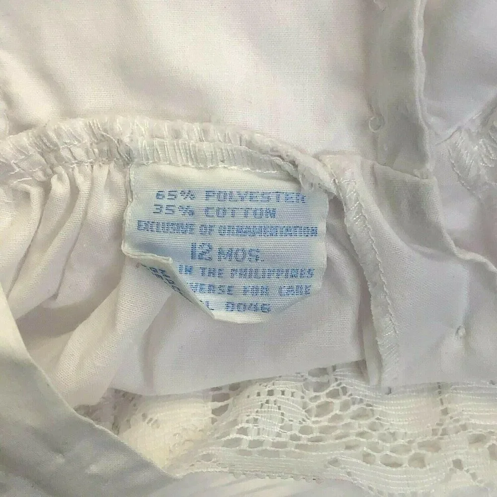 Vintage Infant Pinafore Circle Dress 12m White Floral Crochet Lace Ruffle Button